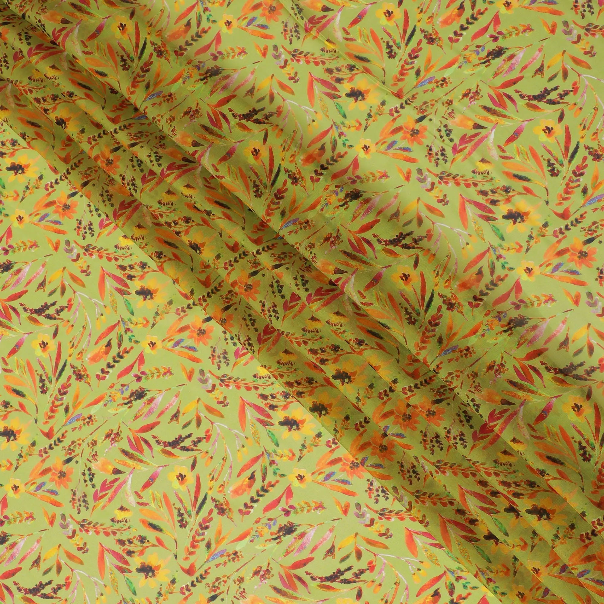 Lemon Yellow Synthetic Chiffon Fabric with Vivid Autumn Leaf Print, 140 cm Wide-D19116