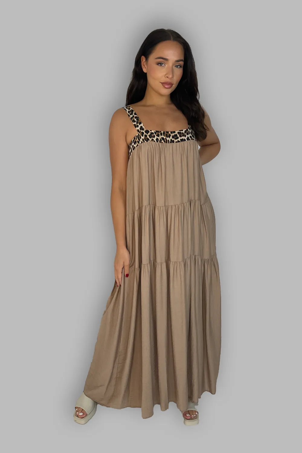 Leopard Trims Maxi Babydoll Dress