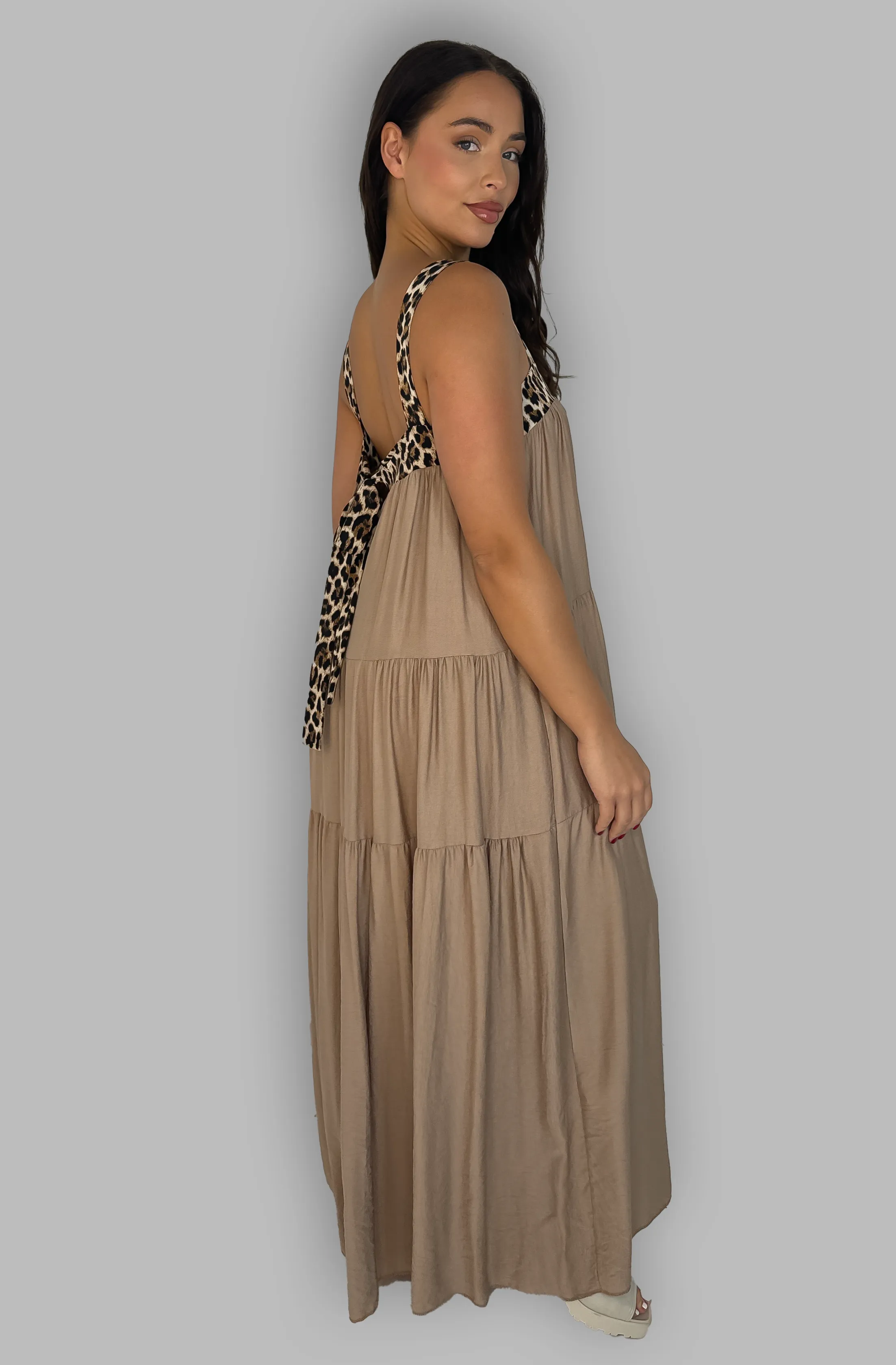 Leopard Trims Maxi Babydoll Dress