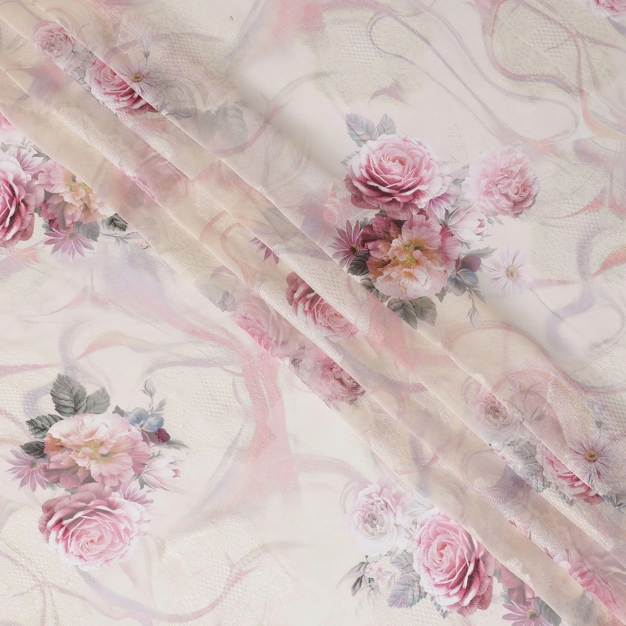 Light gold synthetic chiffon fabric with same tone jacquard having multicolor print in floral design-D15824