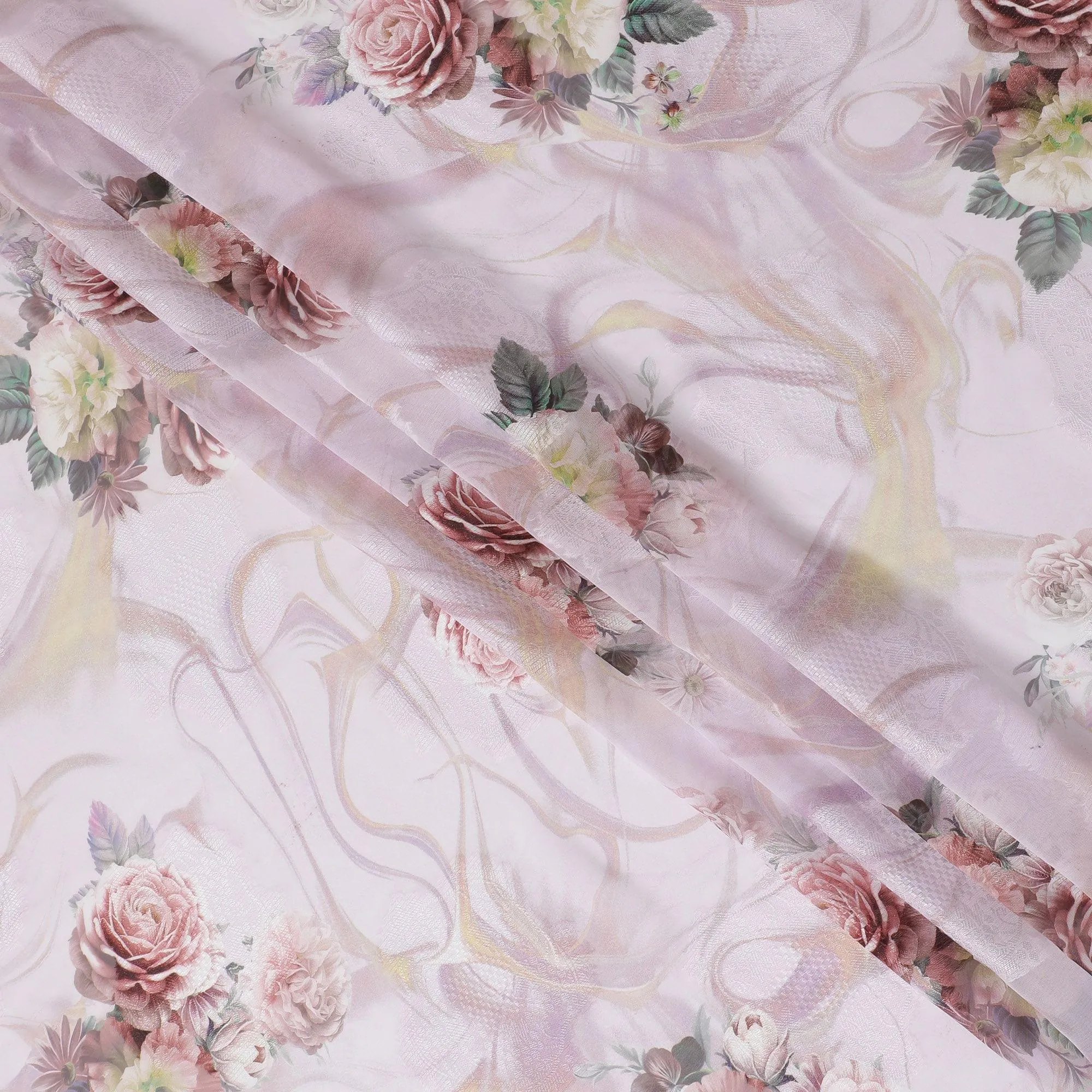 Light pink synthetic chiffon fabric with same tone jacquard having multicolor print in floral design-D15823