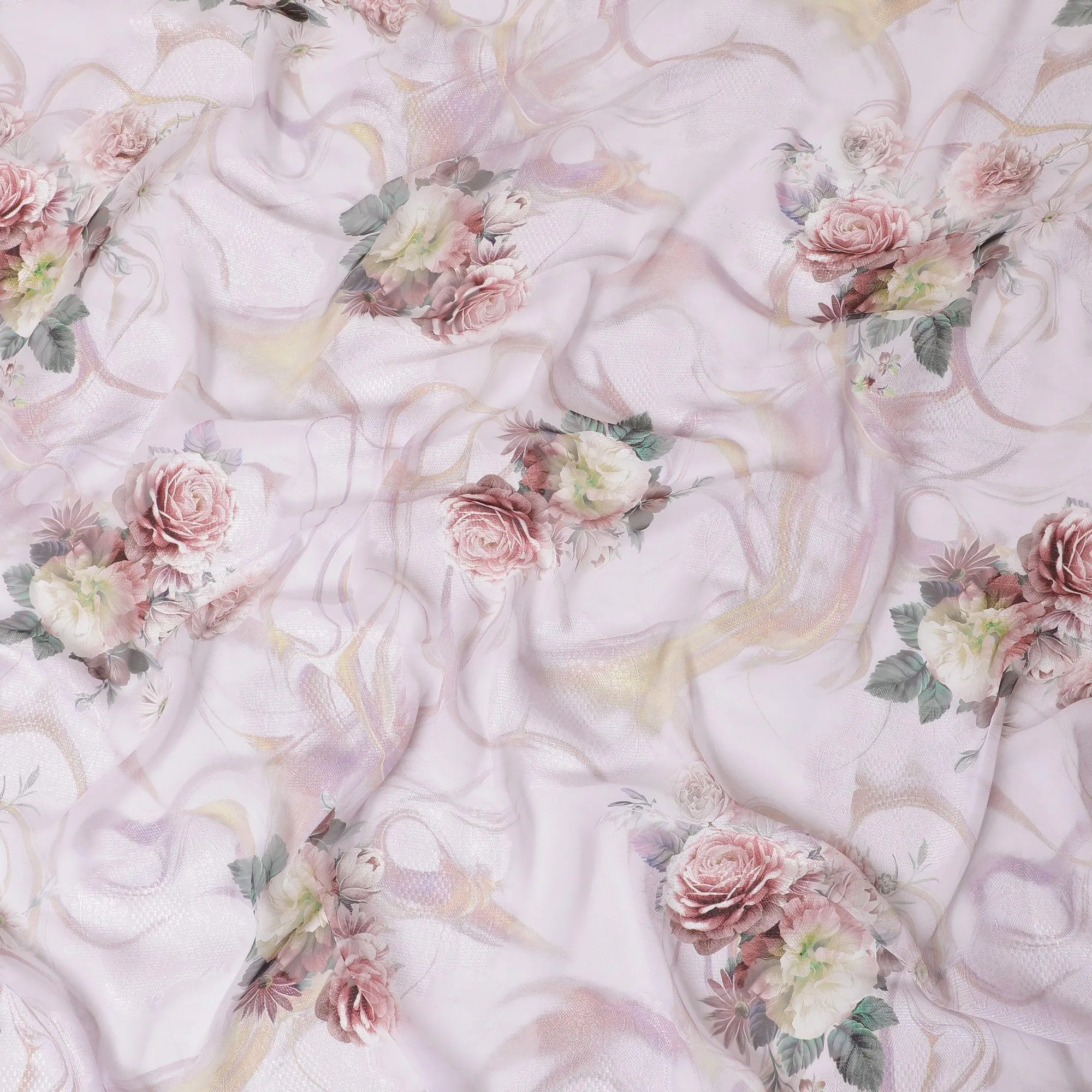 Light pink synthetic chiffon fabric with same tone jacquard having multicolor print in floral design-D15823