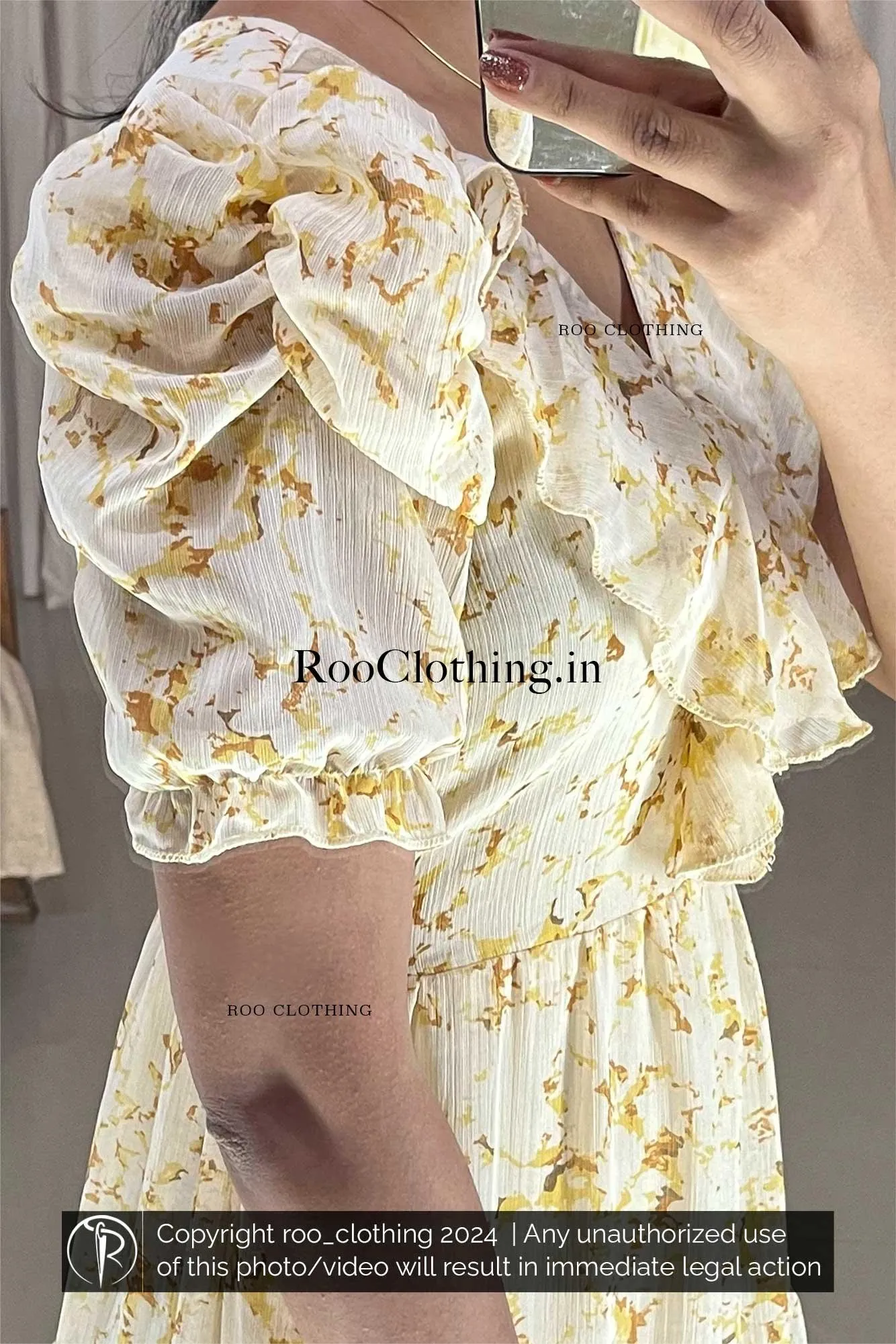 Light Yellow Tiered Midi Dress with Light Brown & Mustard Yellow Prints