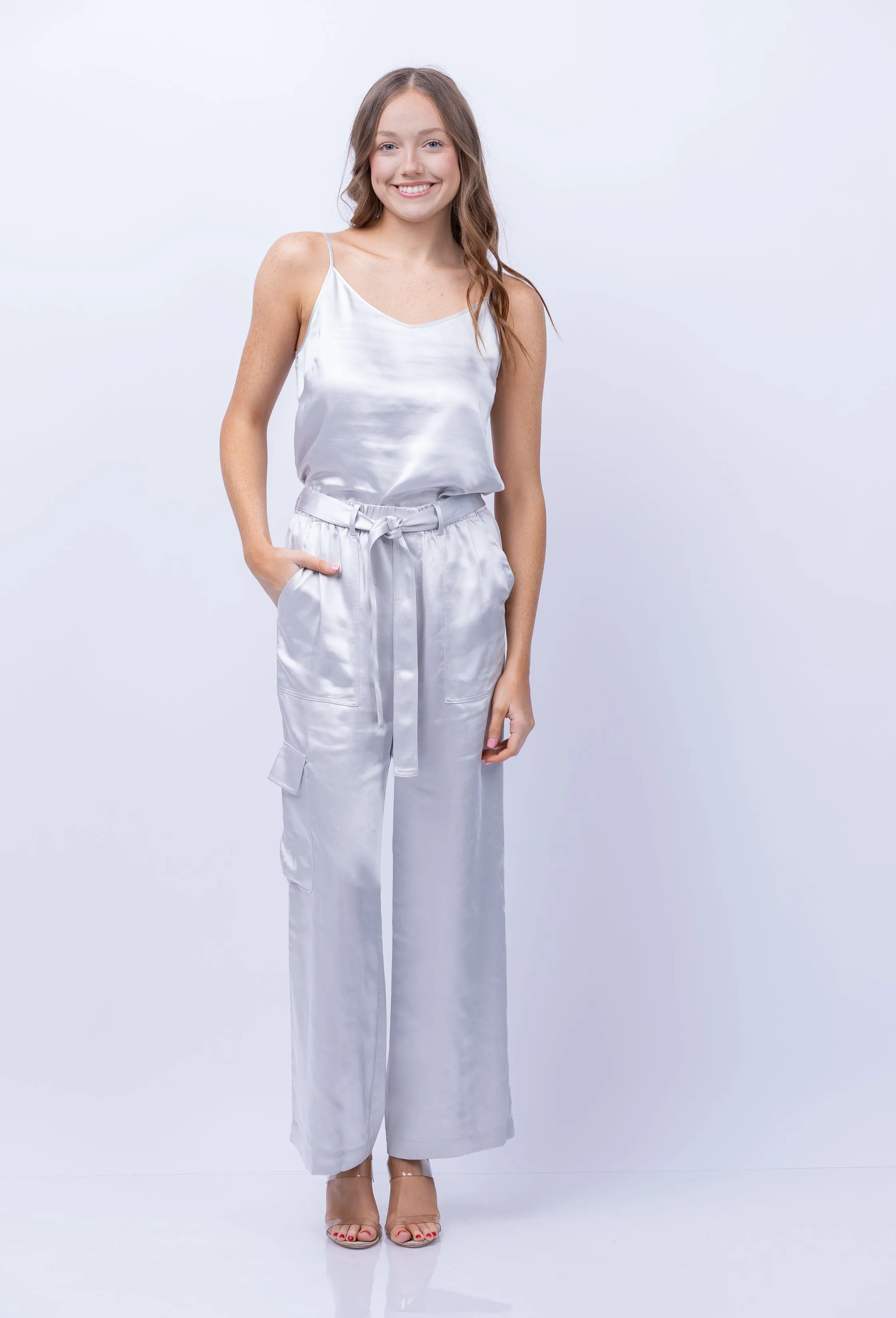 Lilla P Satin Cargo Pant in Platinum