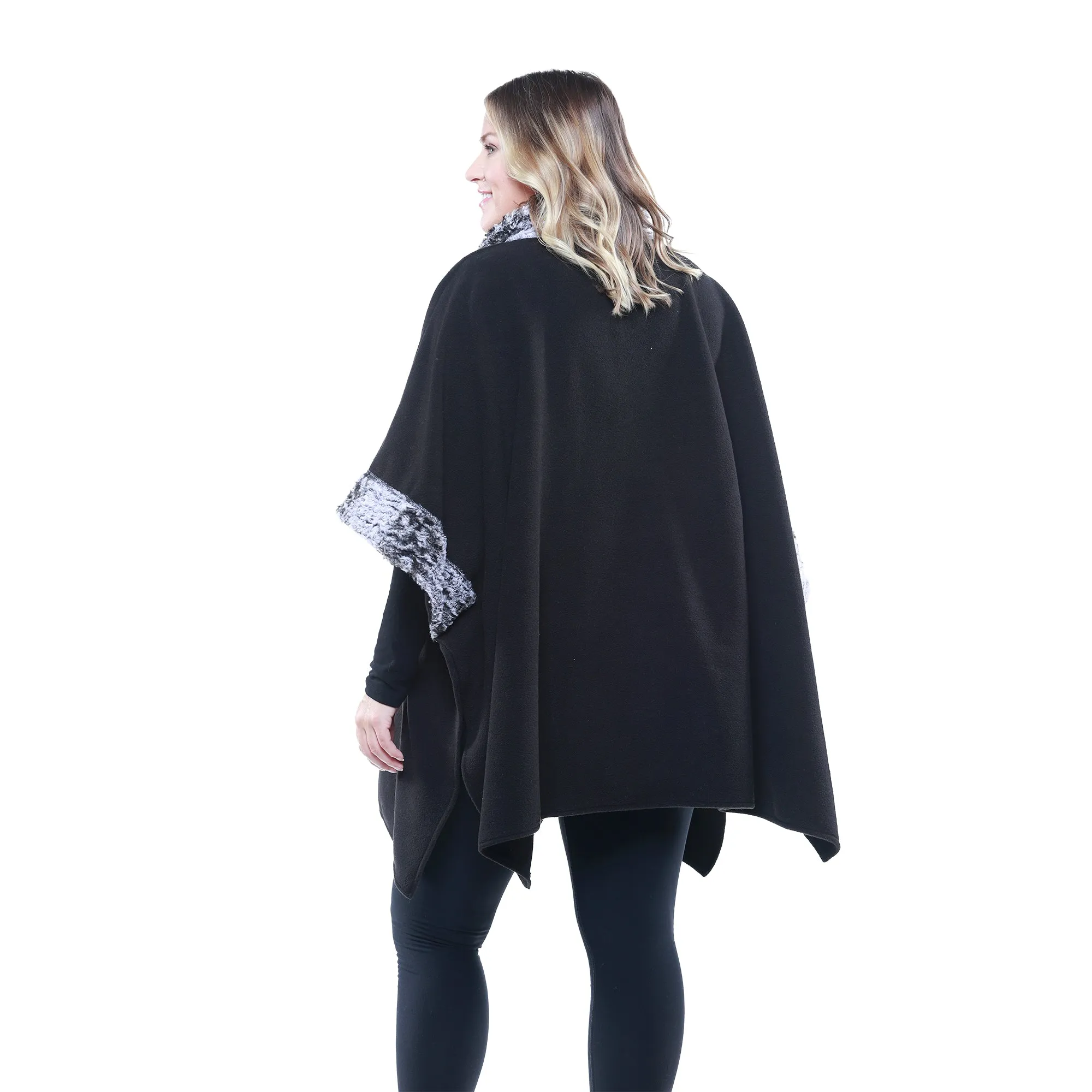 Liza Cozy Coat Fleece Poncho with Faux Fur Trim