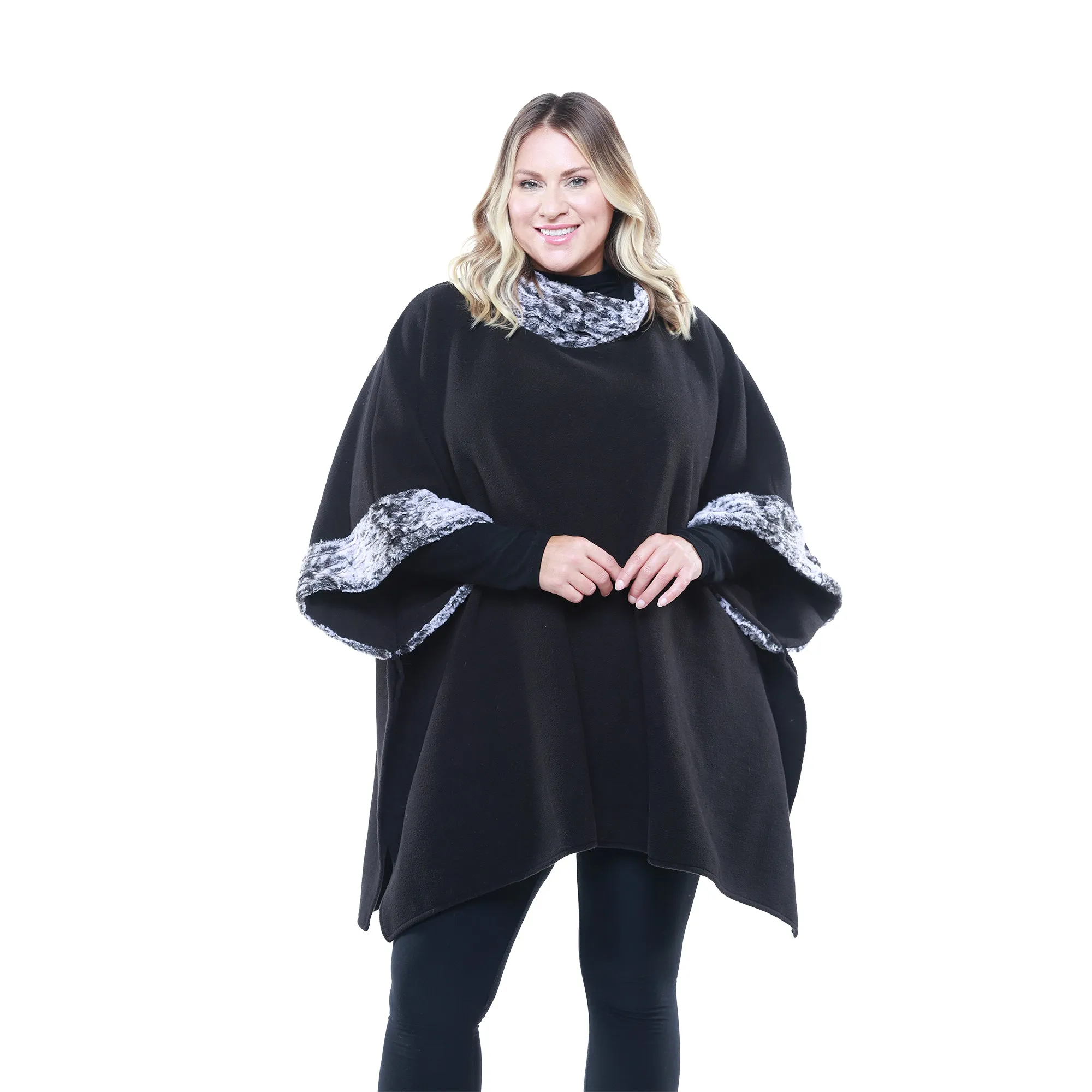 Liza Cozy Coat Fleece Poncho with Faux Fur Trim