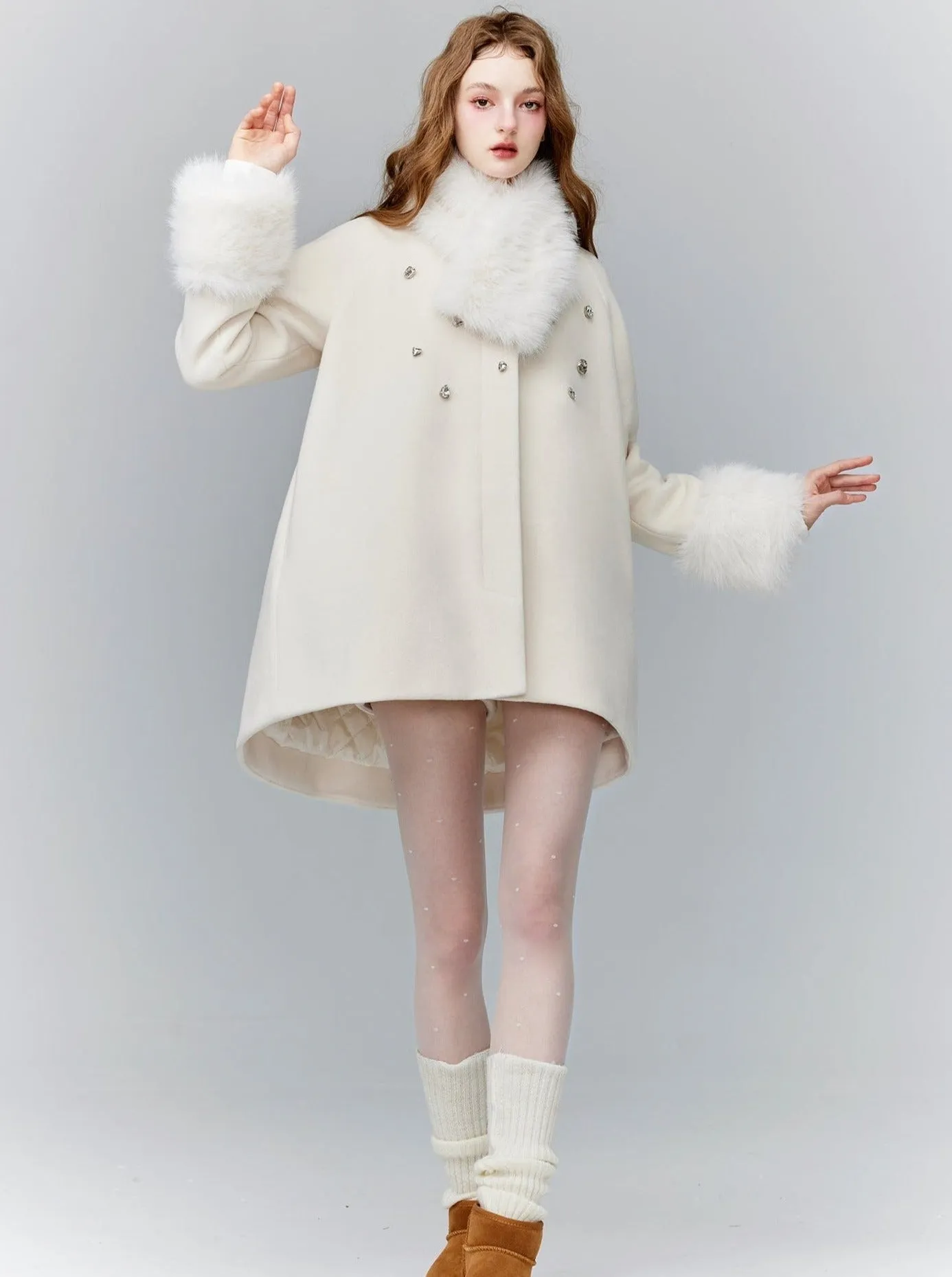 Luxe Faux Fur Trim Coat - Elegant Winter Jacket in Ivory and Black