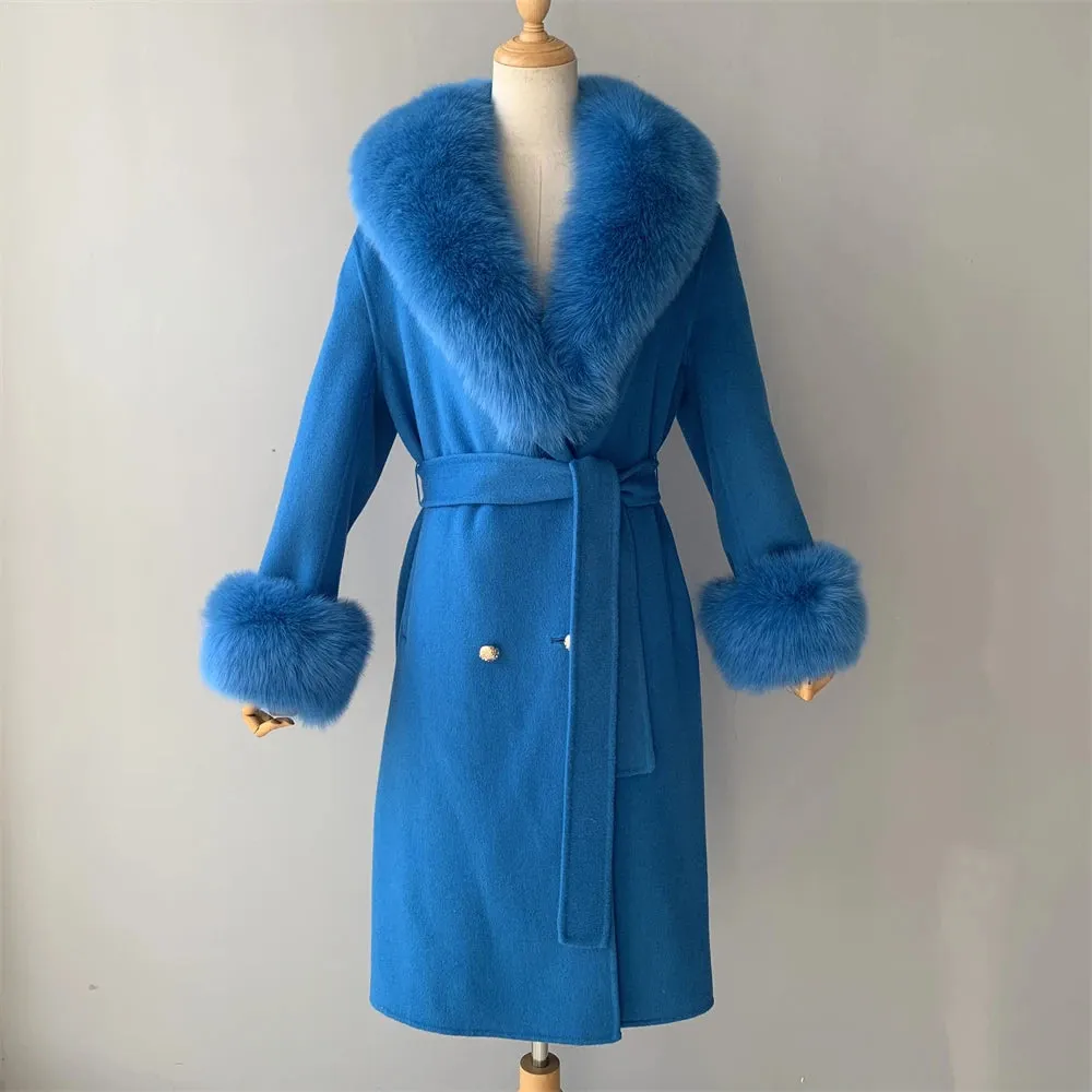 Luxury Cashmere Wool Coat with Genuine Fox Fur Trim