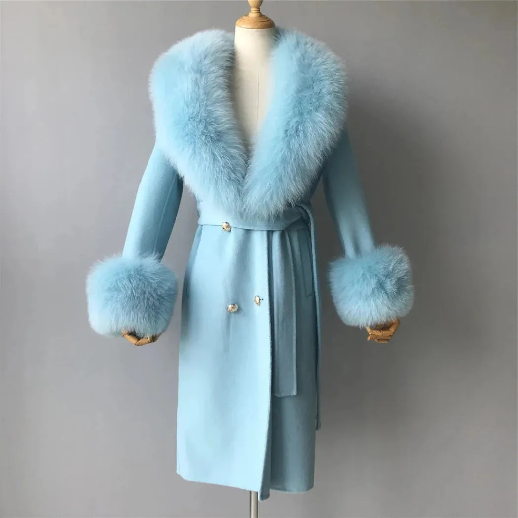 Luxury Cashmere Wool Coat with Genuine Fox Fur Trim