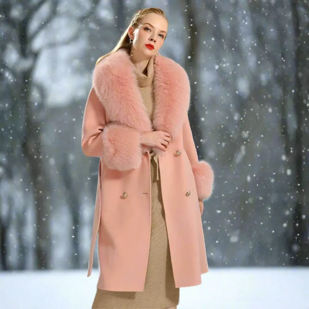 Luxury Cashmere Wool Coat with Genuine Fox Fur Trim