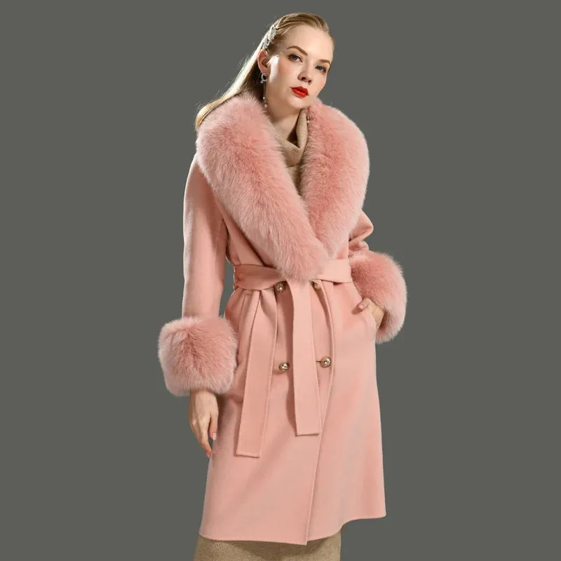 Luxury Cashmere Wool Coat with Genuine Fox Fur Trim