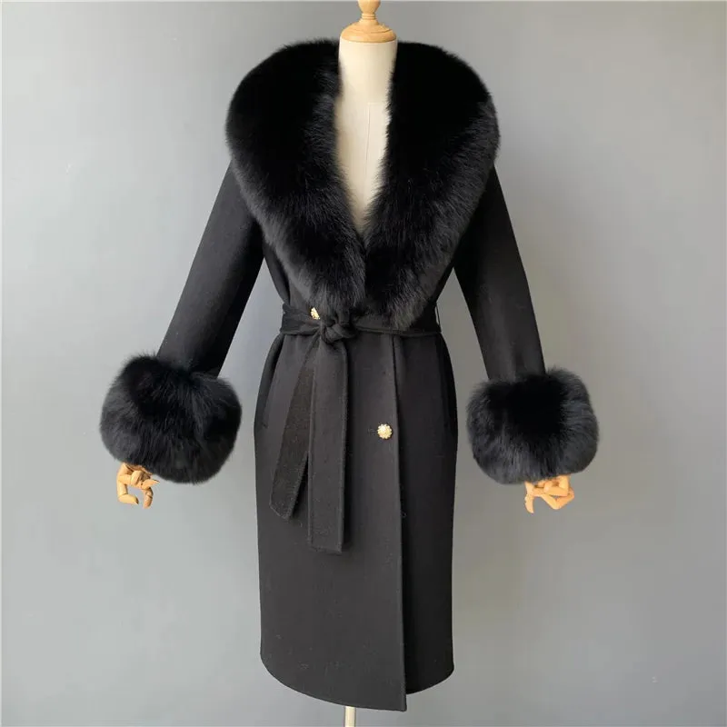 Luxury Cashmere Wool Coat with Genuine Fox Fur Trim