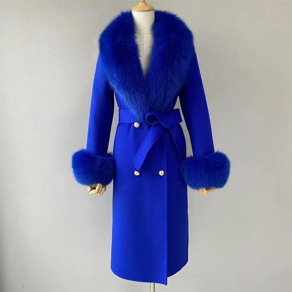 Luxury Cashmere Wool Coat with Genuine Fox Fur Trim