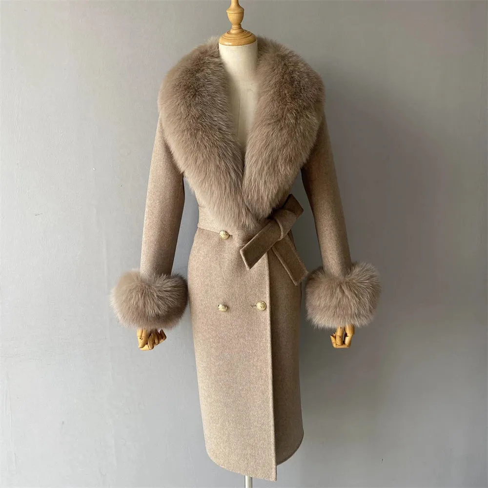 Luxury Cashmere Wool Coat with Genuine Fox Fur Trim