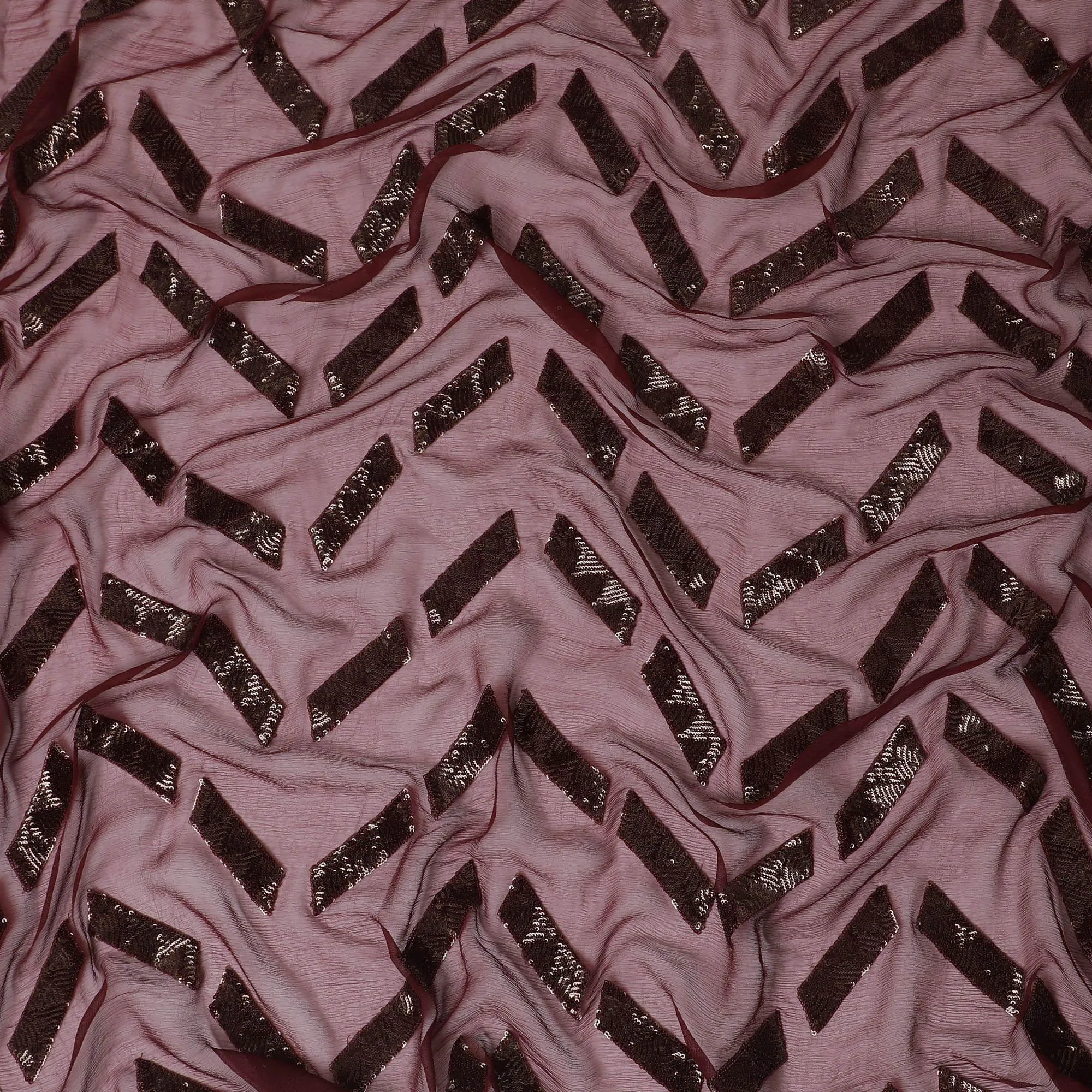 Maroon premium pure silk chiffon fabric with same tone sequins embroidery in geometric design-D13625