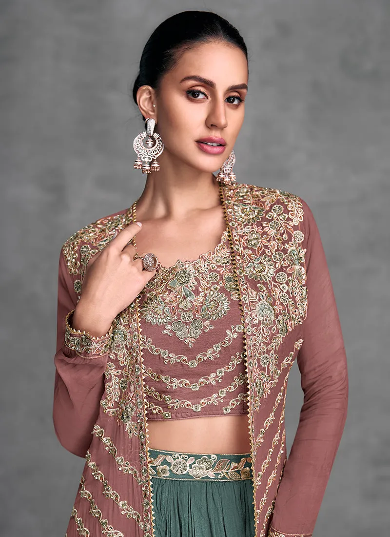 Mauve And Green Embroidered Jacket Style Lehenga Choli