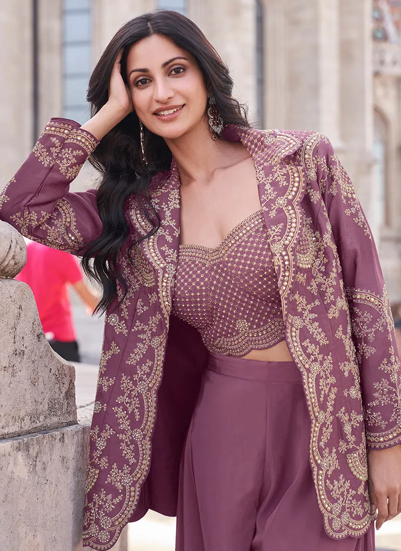 Mauve Embroidered Jacket Style Designer Palazzo Suit