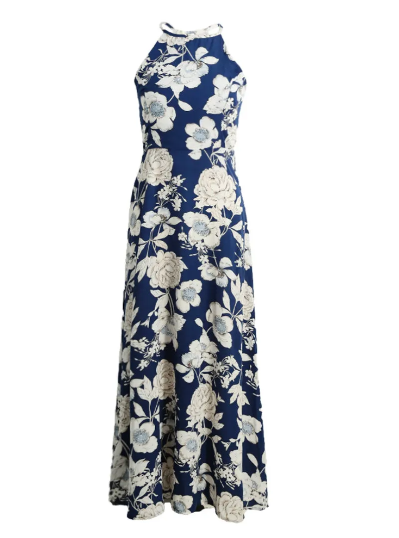 Maxi Boho Dress Halter Neck Floral Print Sleeveless