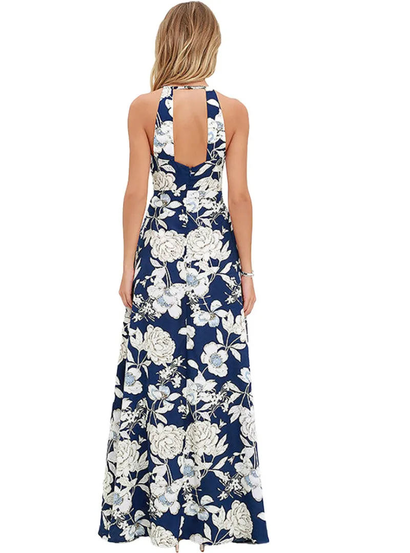 Maxi Boho Dress Halter Neck Floral Print Sleeveless