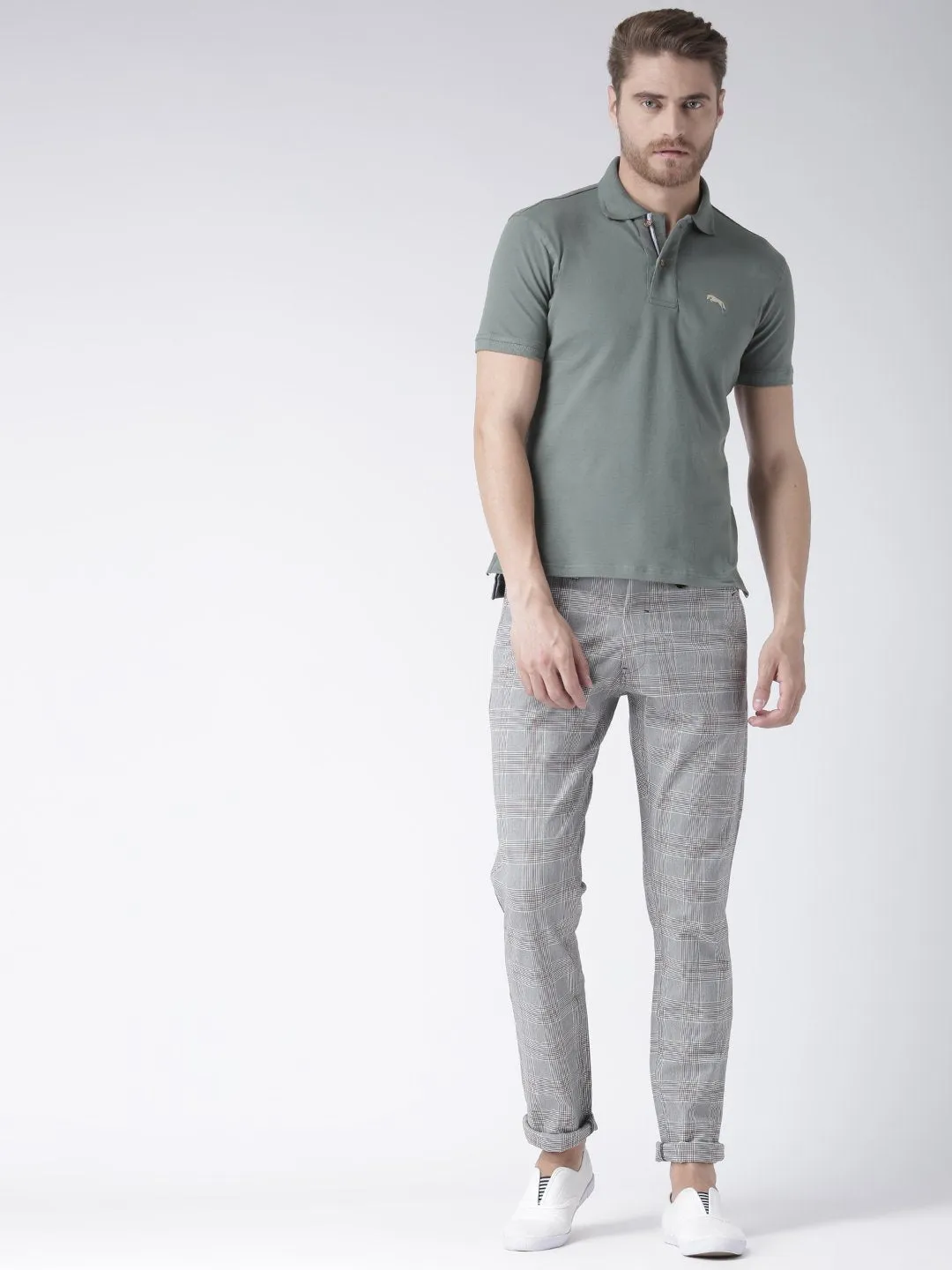 Men Grey Melange Relaxed  Fit Checked Chinos