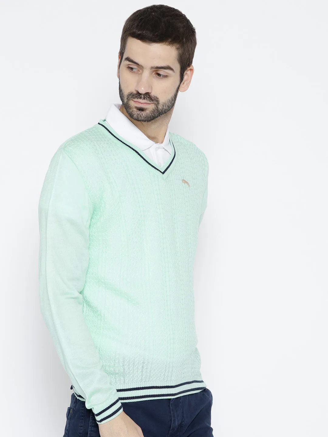 Men Teal Self Design Pullover