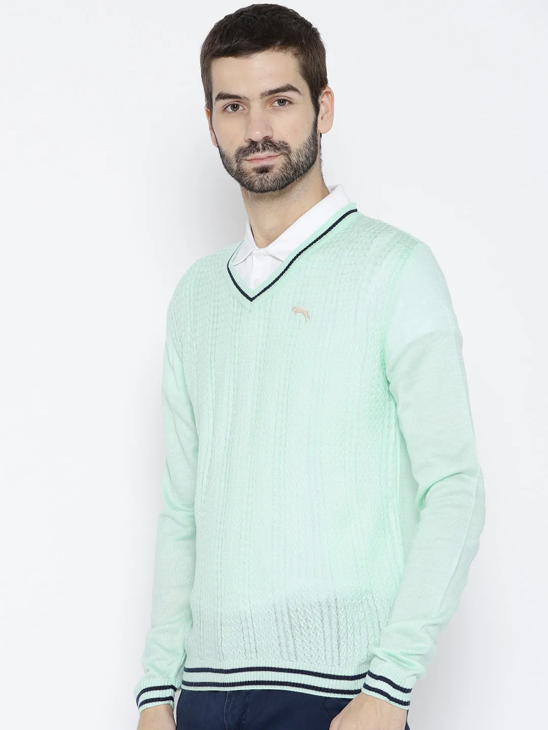 Men Teal Self Design Pullover