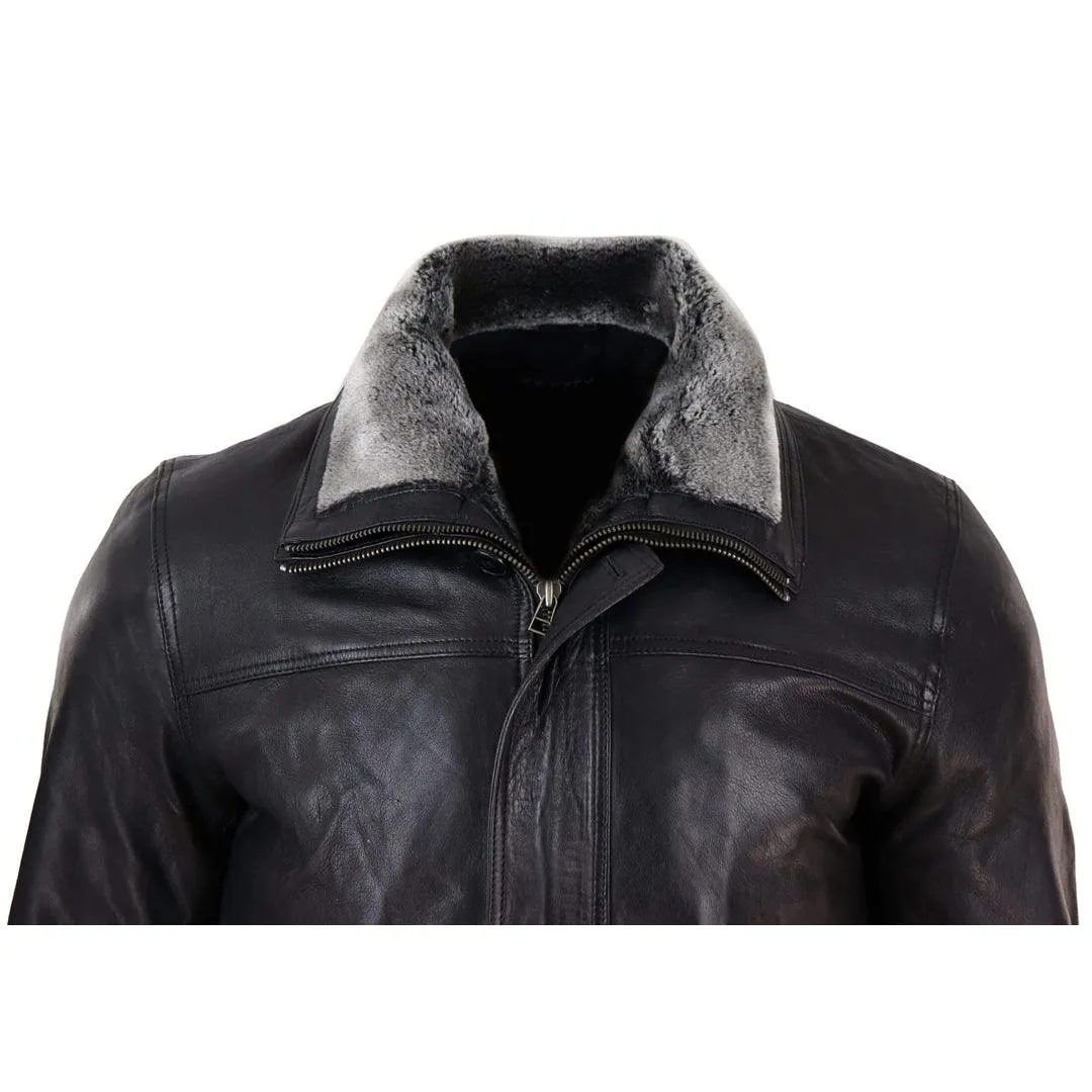 Mens 3/4 Long Real Leather Safari Jacket Classic Car Coat Zip Button Cover