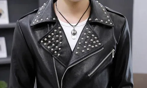 Men's Casual Autumn Slim Fit Handsome Rivet Oblique Zipper Leather Jacket Youth Trendy Motorcycle Leather Jacket