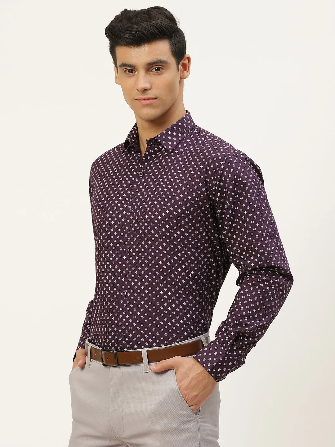 Mens Cotton Dark Purple & Offwhite Printed Formal Shirt - Sojanya