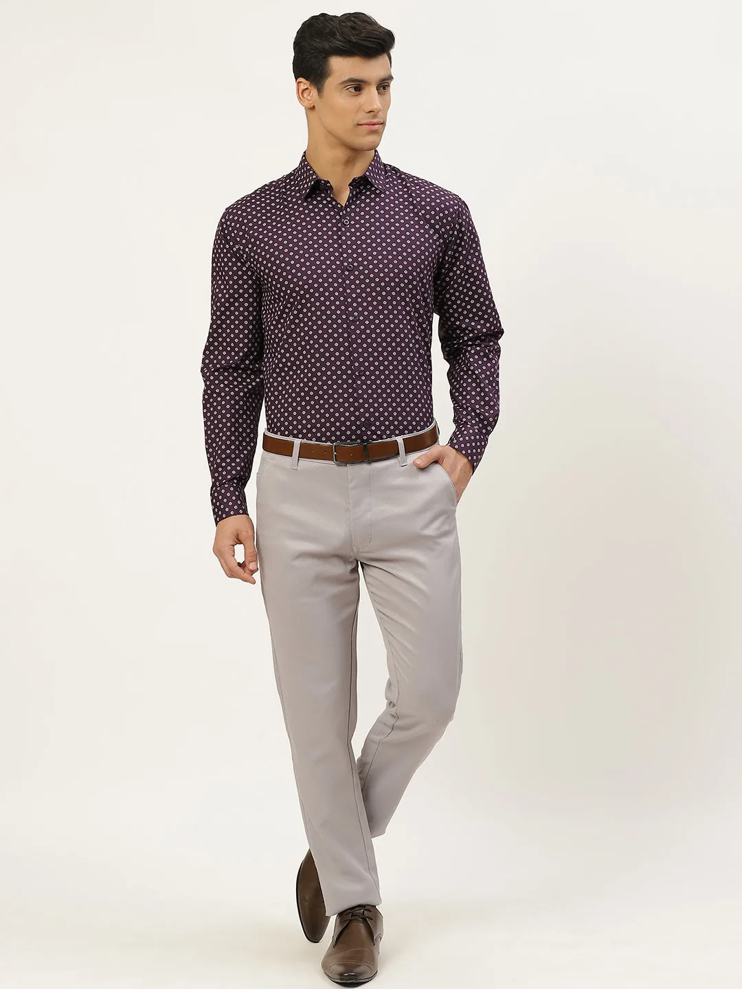 Mens Cotton Dark Purple & Offwhite Printed Formal Shirt - Sojanya