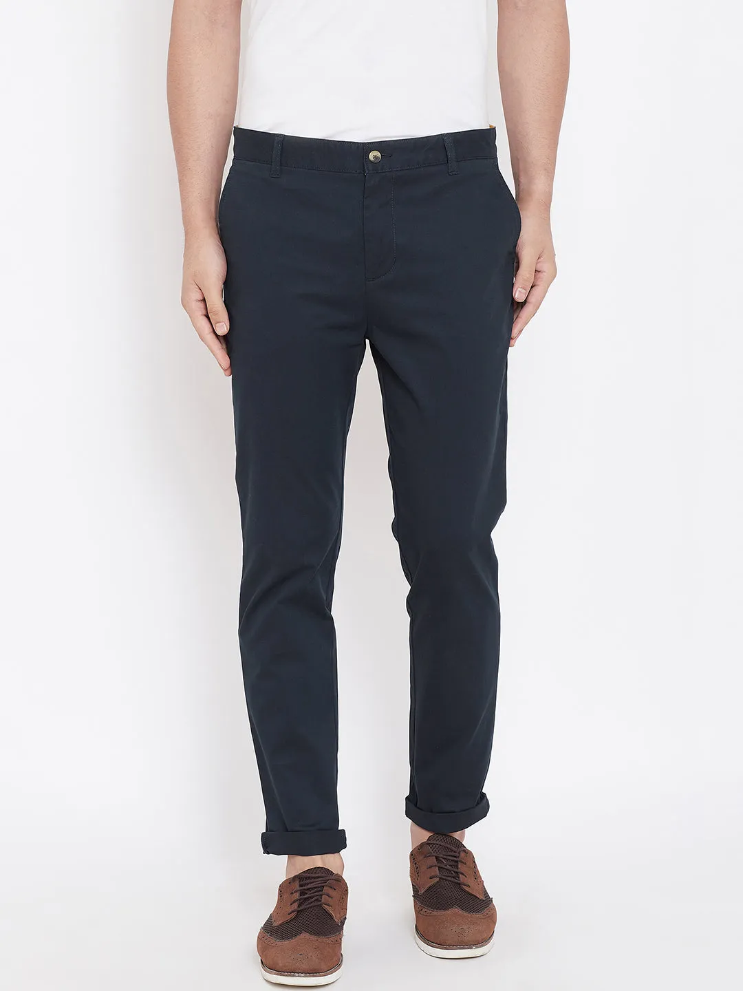 Men's Navy Blue Stretch Washed Casual Tailored Fit Chinos