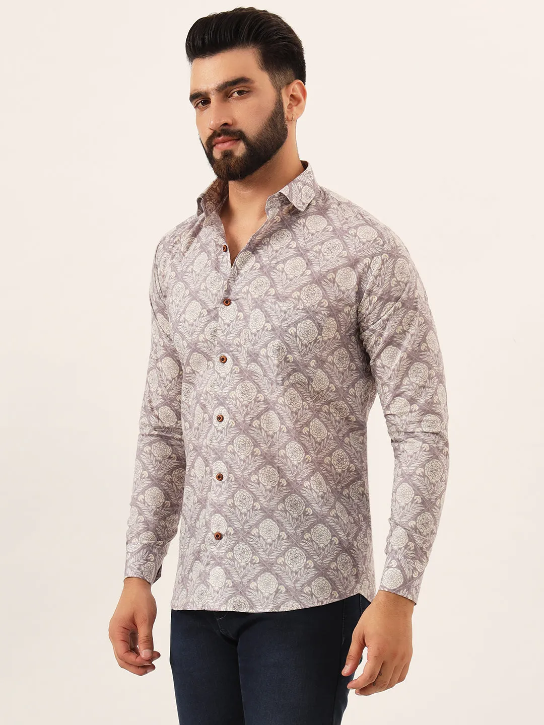 MILLENNIAL MEN Lavender Geometric Pure Cotton Regular Fit Casual Shirt