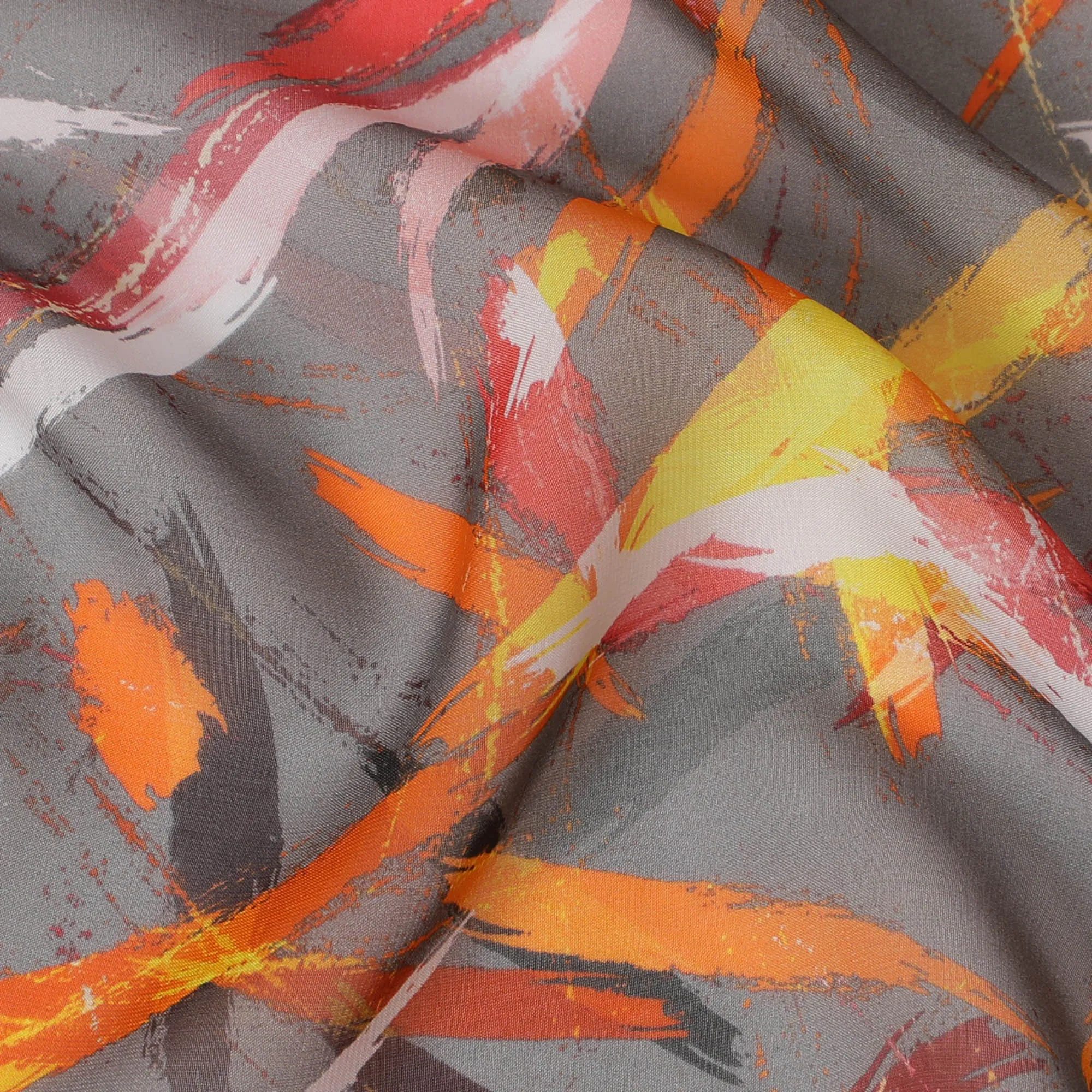 Modern Gray Synthetic Chiffon Fabric with Abstract Orange and Red Strokes, 140 cm Wide-D19112