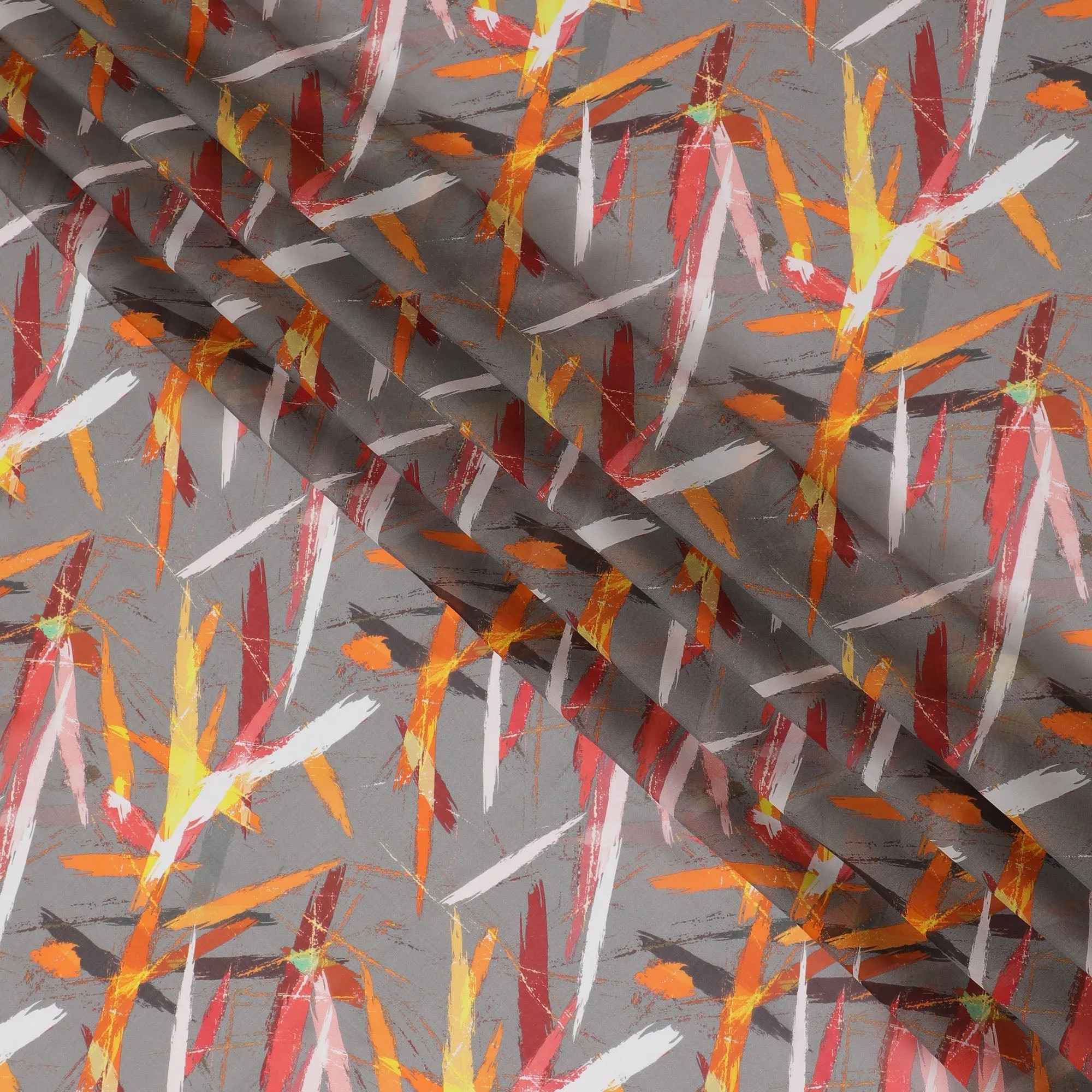 Modern Gray Synthetic Chiffon Fabric with Abstract Orange and Red Strokes, 140 cm Wide-D19112