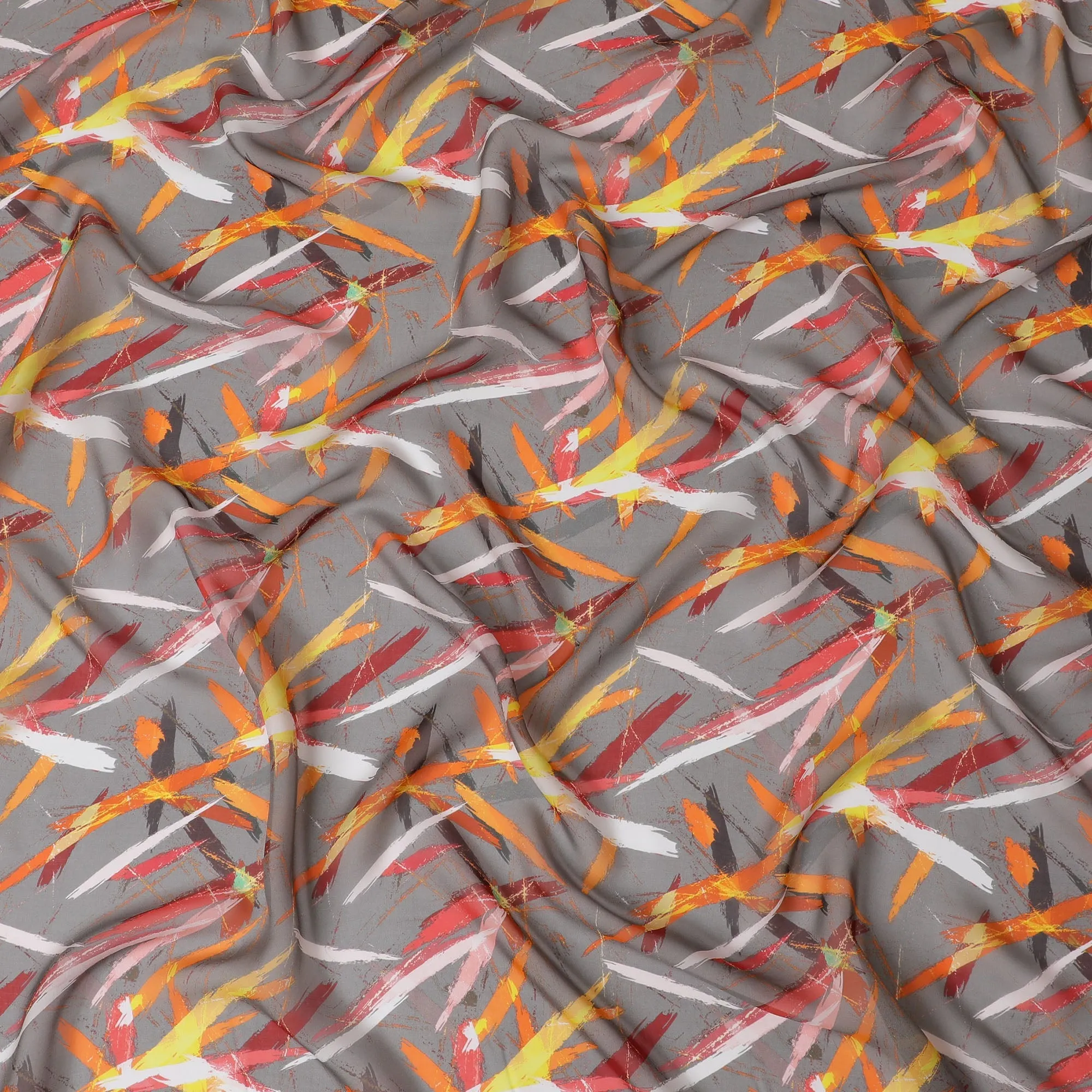 Modern Gray Synthetic Chiffon Fabric with Abstract Orange and Red Strokes, 140 cm Wide-D19112