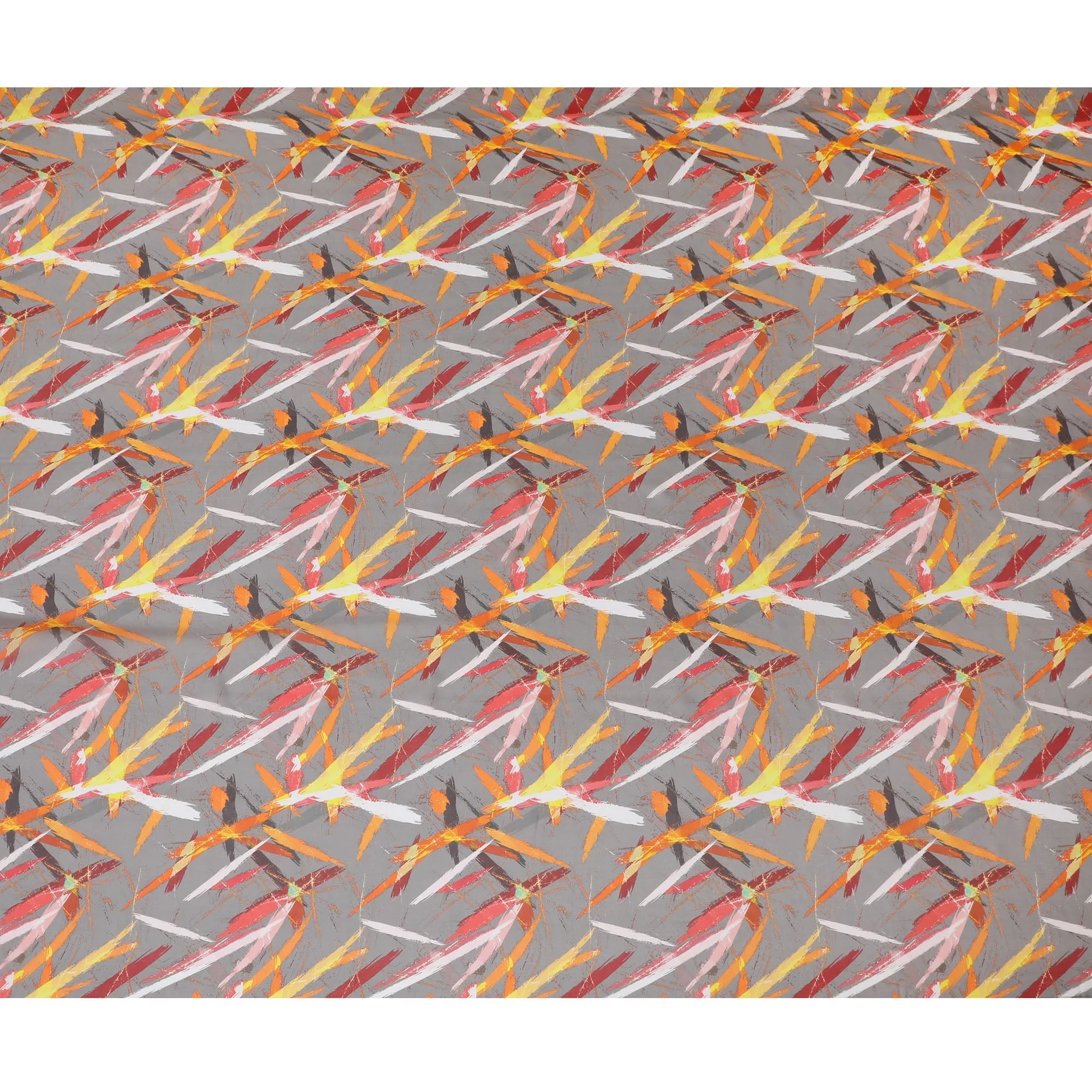 Modern Gray Synthetic Chiffon Fabric with Abstract Orange and Red Strokes, 140 cm Wide-D19112