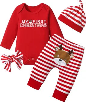 My First Christmas Baby Girl Clothes Cute Baby Girl Christmas Romper   Pants 4PCS Baby Girl Outfits