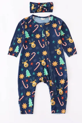 Navy Christmas Bamboo 2 Way Zip Romper Jammies