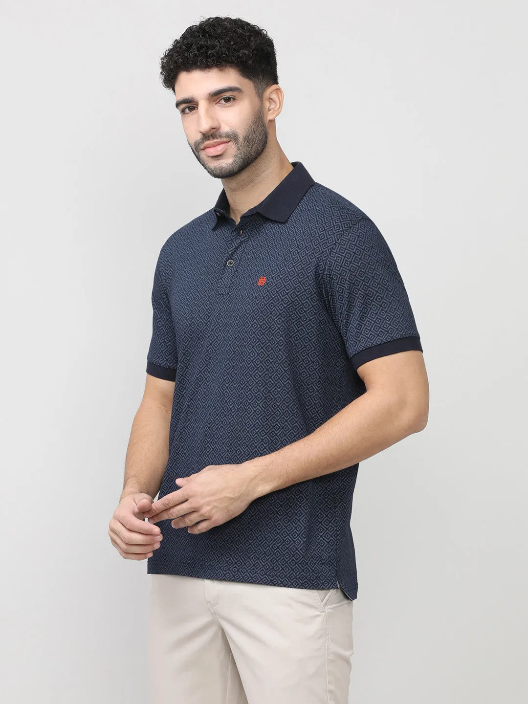 Navy Pique Lycra Graphic Printed Polo T-shirt