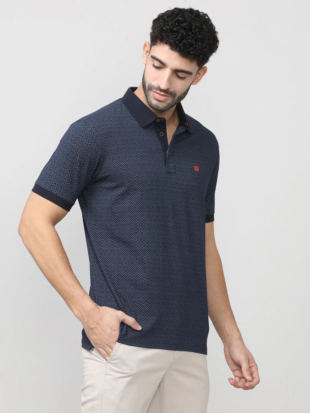 Navy Pique Lycra Graphic Printed Polo T-shirt