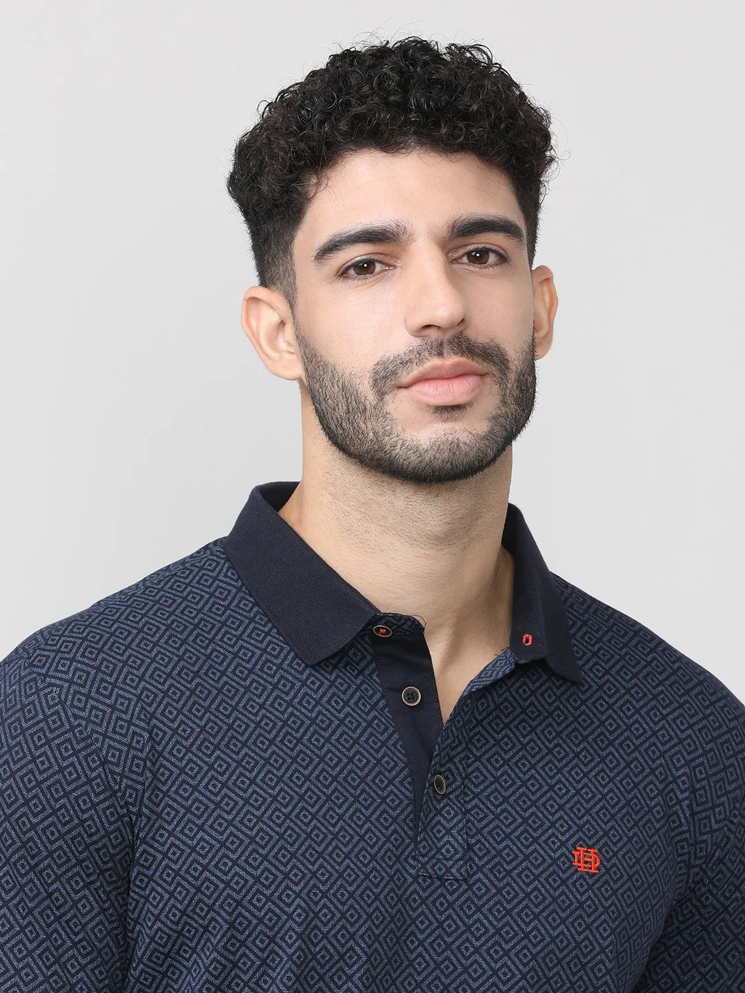 Navy Pique Lycra Graphic Printed Polo T-shirt