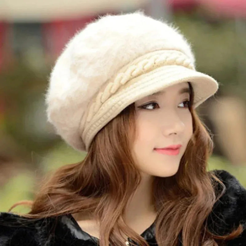 New Women Beret Hats Fashion Winter Warm Rabbit Fur Knitted Beanie Ladies Female Casual Fleece Berets Cap bonnet hiver femme