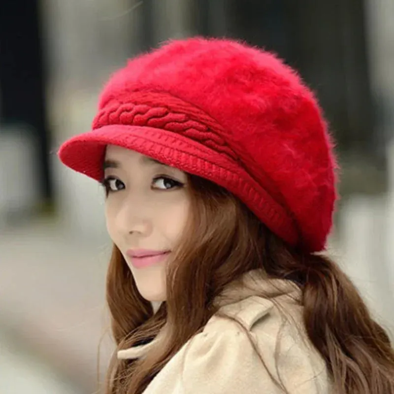 New Women Beret Hats Fashion Winter Warm Rabbit Fur Knitted Beanie Ladies Female Casual Fleece Berets Cap bonnet hiver femme