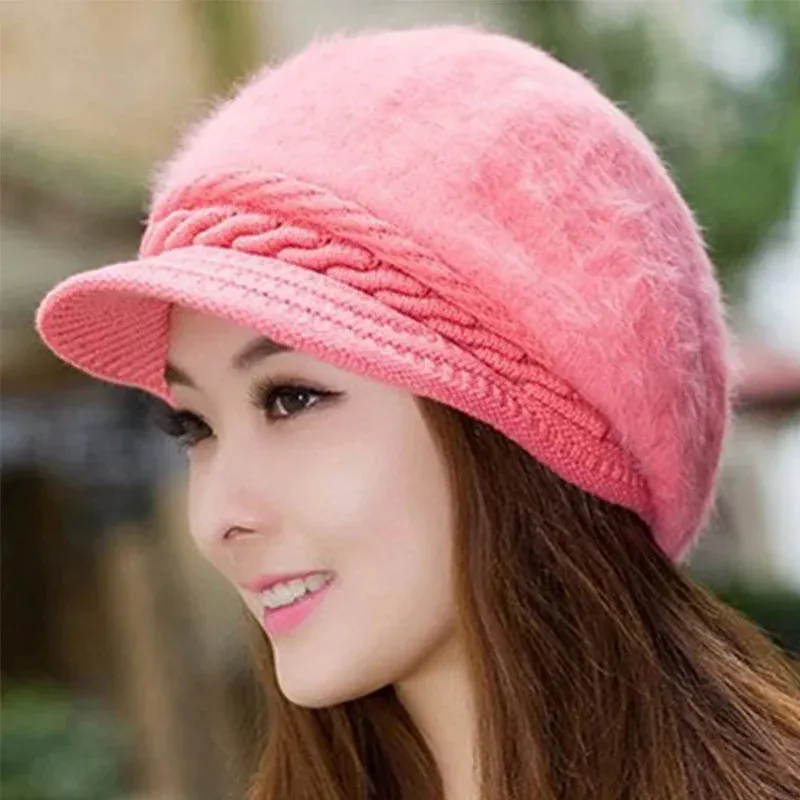 New Women Beret Hats Fashion Winter Warm Rabbit Fur Knitted Beanie Ladies Female Casual Fleece Berets Cap bonnet hiver femme