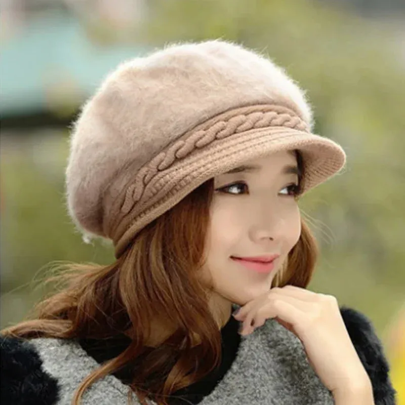 New Women Beret Hats Fashion Winter Warm Rabbit Fur Knitted Beanie Ladies Female Casual Fleece Berets Cap bonnet hiver femme