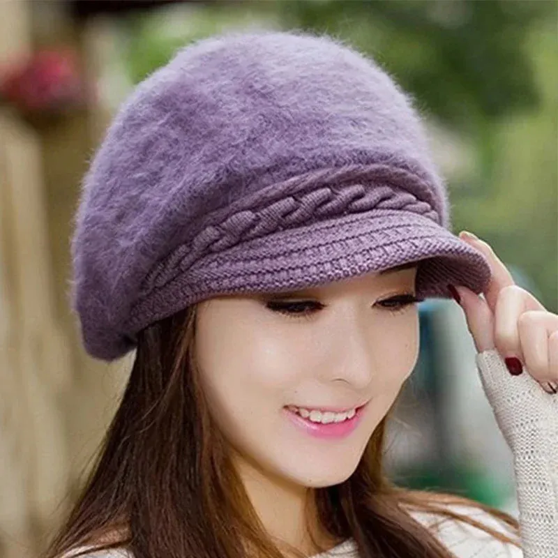 New Women Beret Hats Fashion Winter Warm Rabbit Fur Knitted Beanie Ladies Female Casual Fleece Berets Cap bonnet hiver femme