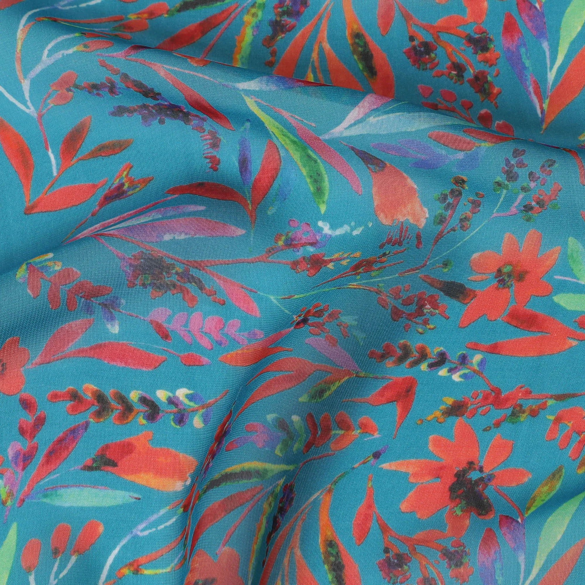 Ocean Blue Synthetic Chiffon Fabric with Tropical Coral and Teal Floral Print, 140 cm Wide-D19117