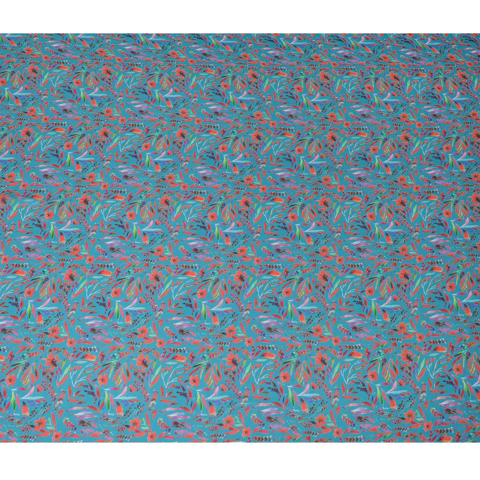 Ocean Blue Synthetic Chiffon Fabric with Tropical Coral and Teal Floral Print, 140 cm Wide-D19117