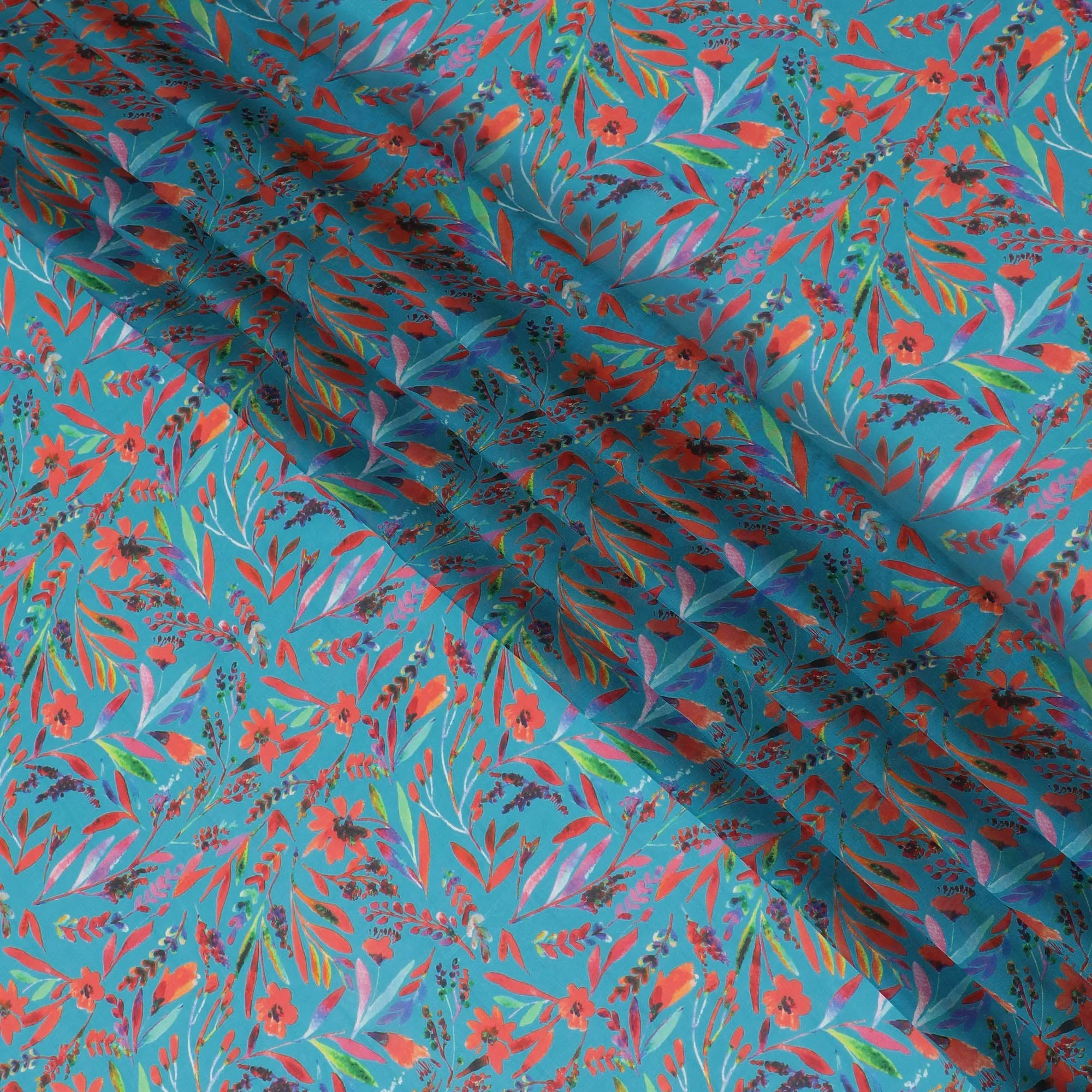 Ocean Blue Synthetic Chiffon Fabric with Tropical Coral and Teal Floral Print, 140 cm Wide-D19117