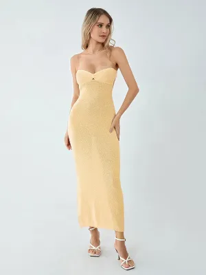 Off Shoulder Knit Tube Strapless Twist Front Tie Back Midi Bodycon Summer Casual Sexy Dress